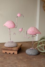 SET OF TWO PAINTED CLAY FLAMINGOS ON ROCK BASES