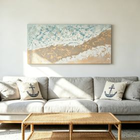 24x48 Neutral Beach Landscape Canvas Wall Art, Hand-Painted Thick Textured Coastal Painting, Aqua Blue & Beige Decor for Living Room, Ready to Hang (Option: Beige+Blue)