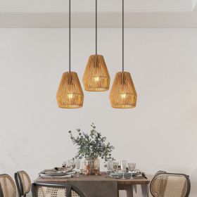 7inch Set Of 3 Rustic Hemp Rope Pendant Light, Handcrafted Farmhouse Hanging Light Fixture, Adjustable Height Ceiling Lamp For Kitchen Island, Dining (Option: Wood)