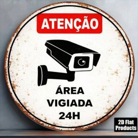 Vintage 24-Hour Surveillance Round Security Warning Wall Sign (Option: Tin)